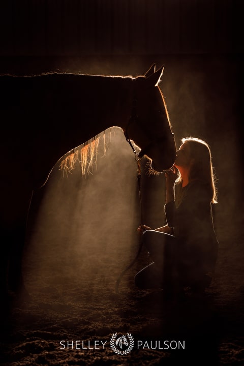 Woman kissing horse in fog