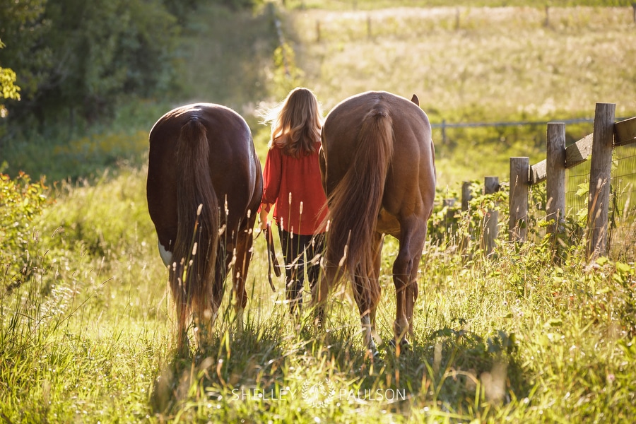 Photo of a girl walking away with her horses.